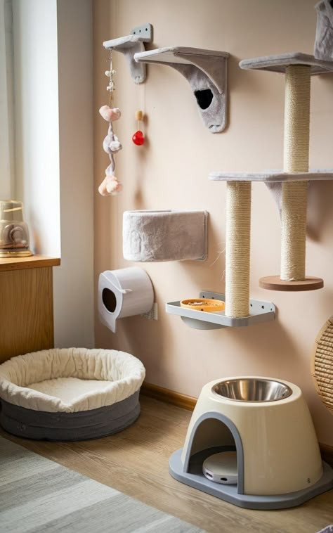 Cat Setup In Bedroom, Kitten Necessities, Cat Corner Ideas Spaces, Cat Room Design, Daisy Treats, Cats Room, Cat Litter Cabinet, Cat Corner, Cat Bedroom