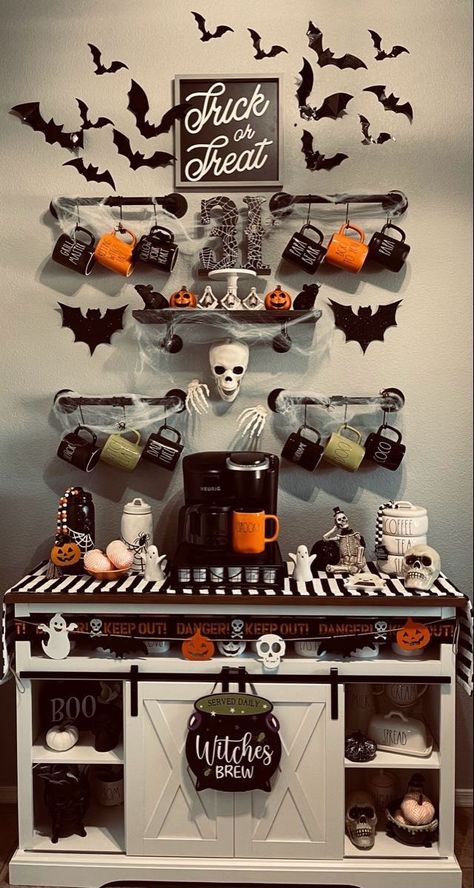 Halloween Kitchen Centerpiece Ideas, Halloween Chop Shop Ideas, Spooky Coffee Bar Ideas, Coffee Bar Halloween, Coffee Bar Halloween Decor, Halloween Coffee Bar Decor, Spooky Kitchen Ideas, Halloween Coffee Bar Ideas, Goth Coffee Bar