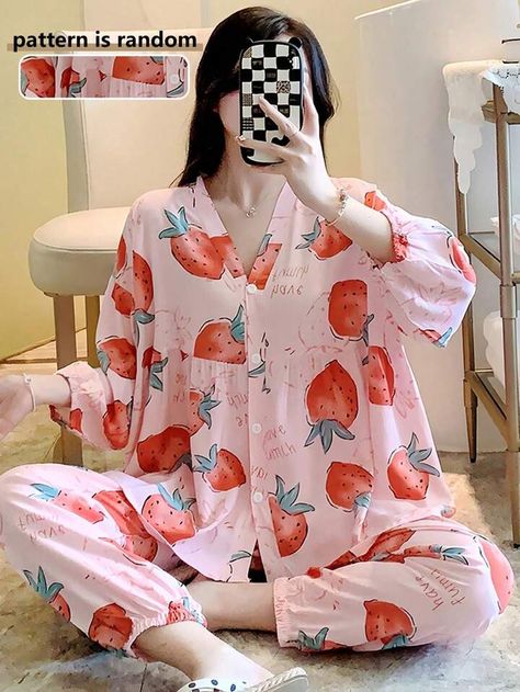 Night Wear Dress, Sleepwear Women Pajamas, Home Wear Women Pajamas, Print Pant, Pajama Fashion, Loungewear Outfits, Cute Pajama Sets, Fashion Top Outfits, Pink Strawberry