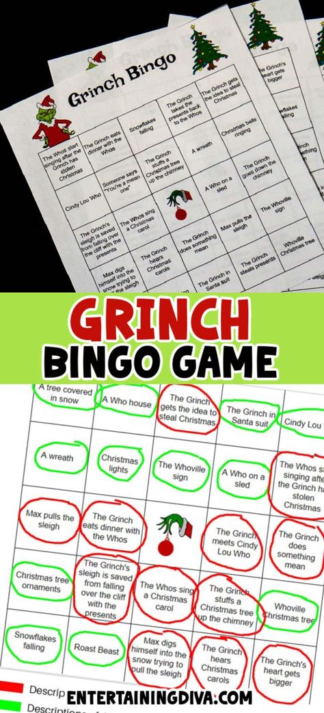 Grinch Bingo (A Free Printable Christmas Game) | Christmas Ideas Grinch Bingo, Free Printable Grinch, Grinch Games, Christmas Pictionary, Christmas Games To Play, Fun Family Christmas Games, Christmas Word Scramble, Christmas Gift Exchange Games, Christmas Bingo Game