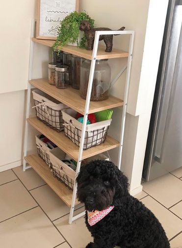 Storage For Pet Supplies, Dog Area In Dining Room, Storage Ideas For Dog Supplies, Storage Dog Stuff, How To Organize Dog Stuff, Pet Treat Organization, Pet Supply Storage Ideas, Dogs Organization Ideas, Dog Corner In Kitchen