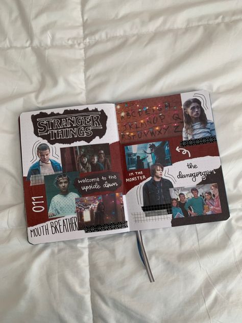 Tv Scrapbook Ideas, Tv Show Scrapbook Ideas, Tv Show Journal Ideas, Stranger Things Journal Ideas, Tv Shows Journal, Stranger Things Scrapbook, Tv Show Scrapbook, Journal Tv Shows, Film Journal Aesthetic