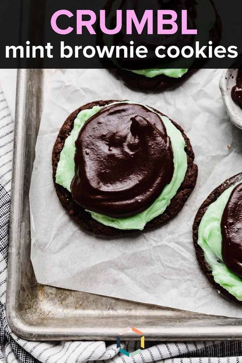 These Crumbl Mint Brownie Cookies are made with a deep chocolate cookie base, a cool mint frosting and a smooth chocolate ganache. Andies Mint Cookies, Mint Brownie Cookies, Crumbl Copycat, Andes Mint Cookies, German Chocolate Cookies, Crumble Cookie Recipe, Mint Frosting, Chocolate Crumble, Mint Chip Ice Cream