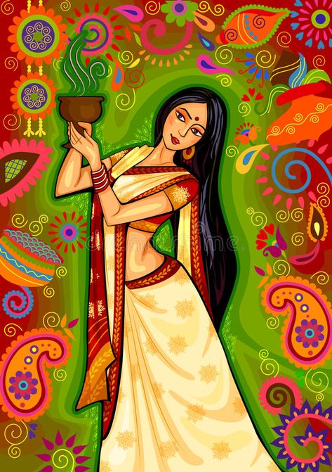 Indian woman doing dhunuchi dance of Bengal during Durga Puja Dussehra celebration in India stock illustration Dhunuchi Dance, Dussehra Celebration, Bengali Art, Durga Painting, Indian Art Gallery, Dance Paintings, Indian Painting, Madhubani Art, Indie Art