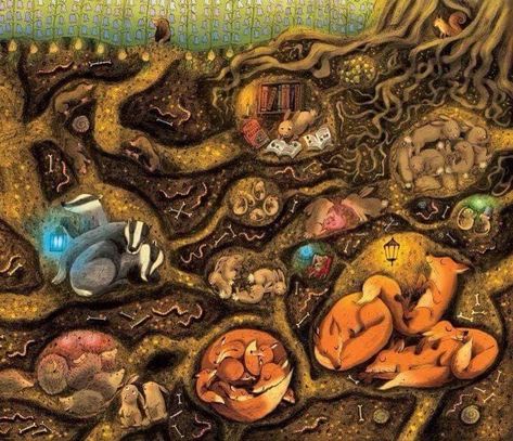 Underground Animal Homes Illustration, Animals Underground Illustration, Daycare Mural, Illustration Art Animals, Underground Illustration, Hibernating Animals, Hare Painting, Sleeping Animals, Underground Cities