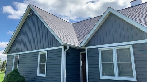 Alside Prodigy Insulated Lap and Board & Batten siding in Ageless Slate - Transitional - Columbus - by Ohio Exteriors | Houzz Board Batten Siding, Transitional Home Design, Blue Siding, Slate Board, Trim Board, Board Batten, Lap Siding, Board And Batten Siding, Stamped Concrete Patio