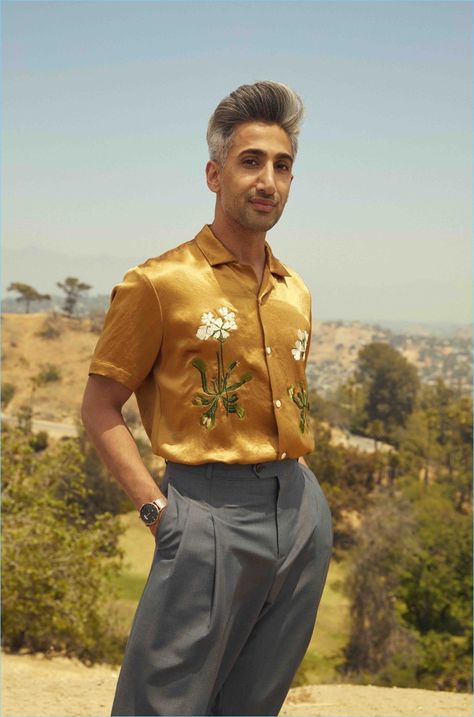 Tan France wears a Goodfight shirt and Louis Vuitton trousers. Tan France, Men Street Fashion, Men With Street Style, Queer Fashion, Men Street, Satin Blouse, Fabulous Fashion, Compass Tattoo, Inspiration Mode