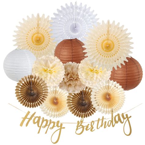 PRICES MAY VARY. 【Brown and Cream Birthday Decorations Kit】 7pcs paper fans decoration, 3pcs tissue paper pom poms flowers, 3pcs hanging paper lantern,1pc gold happy birthday banner. 【DIY Joy】 In order to avoid any possible damage during transportation, this natural birthday decorations set is packed flat. You could decorate your birthday party with your family or friends to enjoy a happy time together. 【Unique】 This brown birthday party decorations kit is perfect for a girl's birthday party, yo Brown Birthday Party Decorations, Boho Birthday Decorations, Brown Birthday Party, Natural Birthday, Boho Party Decorations, Paper Fan Decorations, Rustic Paper, Boho Birthday Party, Hanging Paper Lanterns