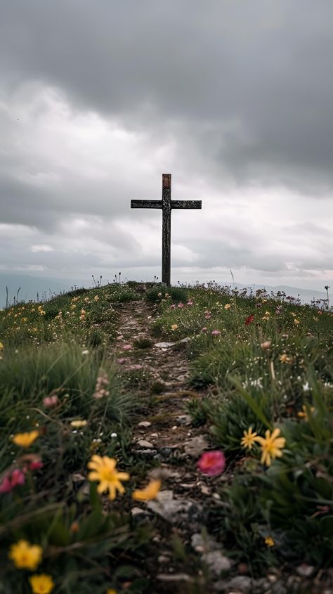 Save & follow JesusVerse to deepen your faith! Atop a serene hill, a wooden cross stands amidst lush green grass and vibrant wildflowers, painting a picture of sacrifice. Dark clouds gather above, casting a somber yet powerful mood over this sacred scene. "The Lord is my shepherd; I shall not want." - Psalm 23:1. Reflect on His eternal love and grace. #Faith #Christianity #BibleVerse #JesusVerse #SpiritualJourney #Prayer #Cross #Inspiration #Nature #FaithInGod Cross In Nature, Wildflowers Painting, I Shall Not Want, Psalm 23 1, Stormy Skies, The Lord Is My Shepherd, Inspiration Nature, Scenic View, Dark Clouds