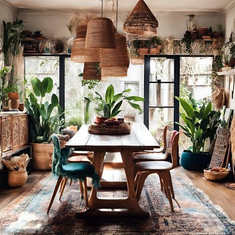 Bohemian dining room 🤩 Contemporary Boho Dining Room, Dining Room Boho, Large Dining Rooms, Bohemian Dining Room, Boho Dining Room, Large Dining Room, Bohemian Design, Urban Jungle, Dining Rooms