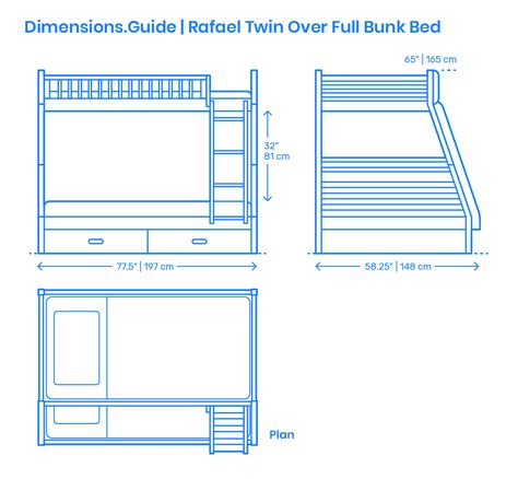 The Rafael Twin Over Full Bunk Bed features fun and restful retreat ideal for making your kids' organized with lower storage drawers and slat kits. Besides helping to save on square footage, guardrails and ladder allow ones to access items easily from both decks. The Rafael Twin Over Full Bunk Bed has an overall height of 65” (165 cm), width of 58.25” (148 cm), and length of 77.5” (197 cm). There is a clearance of 32” (81 cm) between the beds. Downloads online #kids #beds #furniture #home Twin Bed Layout, Furniture Dimensions Standard, Bunk Bed Dimensions, Double Deck Bed Ideas, Small Bunk Beds, Double Deck Bed, Double Bunk Bed, Bunker Bed, Bed Measurements