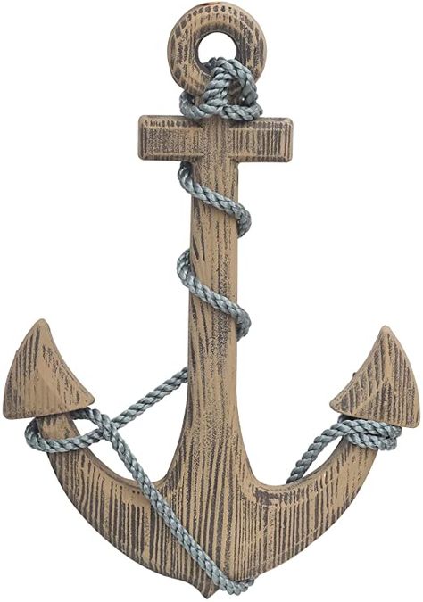 Adeco Wooden Boat Anchor with Crossbar, Steering Wheel, Décor Home Wall Decor, Light Brown Anchor Wall Decor, Wood Anchor, Novelty Decor, Ship Decor, Wood Fish, Metal Fish, Nautical Wall, Whitewash Wood, Wall Anchors