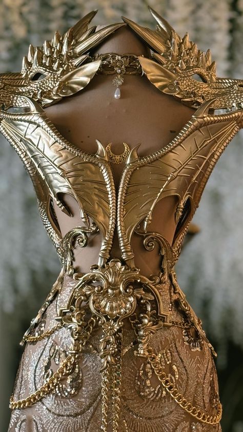 Nephi Garcia | She would probably be a Sun Goddess, or Summer Court! Who do you envision wearing this dress? #Fantasy #costume #ballgown #rococo… | Instagram Dragon Gown, Sun Goddess Costume, Dress Armor, Gown Aesthetic, Summer Court, Bridal Hair Decorations, Magic Clothes, Armor Dress, Goddess Outfit