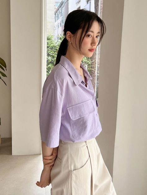 Violet And Beige Outfit, Lavender Tshirt Outfits Women, Beige And Lavender Outfit, Lavender Button Down Shirt Outfit, Lavender Shirts Women, Light Purple Blouse Outfit, Purple Outfits Summer, Purple Polo Outfit, Half Shirt Outfits Women