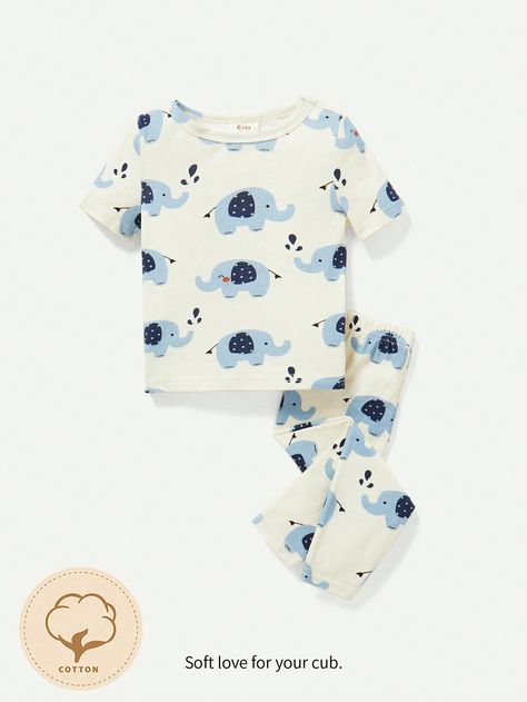 Blue  Collar   Cartoon Baby Pajama Set Embellished Slight Stretch  Baby Boys Clothing Blue Clothes, Baby Boy Pajamas, Boys Sleepwear, Cartoon Elephant, Round Neck Top, Baby Pajamas, Night Suit, Baby Cartoon, Elephant Print