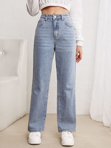 Cute Jeans With No Rips, Cute Jeans Straight Leg, Light Straight Jeans Outfit, Straight Fit Jeans Outfit, Cute Outfits For 7th Grade, 9th Grade Outfits, Middle School Outfits 7th Grade, Outfits Straight Leg Jeans, Light Blue Outfits