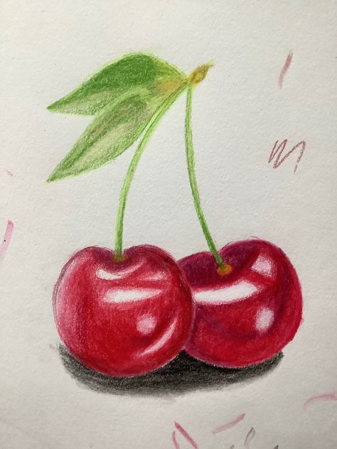 Pinterest reference used Cherry Colored Pencil Drawing, Fruit Drawing Colored Pencil, Easy Drawings Colored Pencils, Drawing Ideas With Pencil Colours, Coloring Pencil Drawings, Simple Realistic Drawings, Drawing Ideas Pencil Colour, Flower Drawing Color Pencil, Colour Pencil Art Drawings