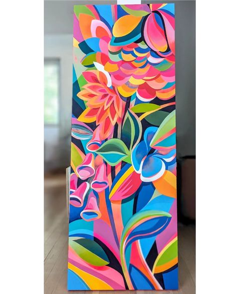 Today I delivered this painting to a very happy client! . "Floral Glow" 24" x 60" acrylic and aerosol on wood. . I'm so grateful for clients like this one who put their complete trust in me from the start 🌸 they were also so incredibly patient with my ever changing schedule. I'm honoured to have a piece of my art in their home! . (One thing you can't see in this photo is that the sides are painted fluorescent pink! 😀 But I hope to share a proper photo of it in its new home when it's up.) .... Fluorescent Painting, Tropical Painting, So Grateful, Mural Art, Piece Of Me, The Start, Lampshades, Paper Design, Floral Art