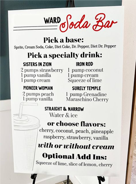 The logistics of how to host a soda bar for a party, fundraiser and more! Soda Drink Bar, At Home Soda Bar, Christmas Soda Bar, Flavored Soda Bar, Soda Bar Menu Ideas, Italian Soda Bar Sign, Italian Soda Bar Recipes, Soda Station Drink Bar, Dirty Soda Bar Drink Stations