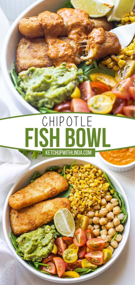 If you think working from home means having a boring lunch, then this one-pan meal might change your mind! Chipotle Fish Bowl can be ready in 30 minutes. With a medley of colorful and flavorful summer ingredients, this filling homemade salad will brighten up your menu! Nautical Bowls Recipe, Fish Power Bowl, Mexican Fish Bowl, Healthy Fish Taco Bowl, Pescatarian Chipotle Bowl, Homage Chipotle Bowl, Fish Bowl Recipe, Healthy Seafood Dishes, Seafood Recipes Healthy