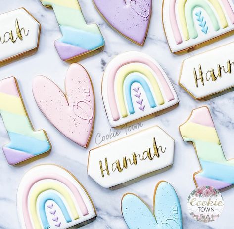 1st Birthday Cookies, Rainbow Unicorn Birthday Party, First Birthday Cookies, Dessert Table Birthday, Rainbow First Birthday, Rainbow Unicorn Birthday, Rainbow Cookies, 1st Birthday Cakes, Kids Birthday Themes