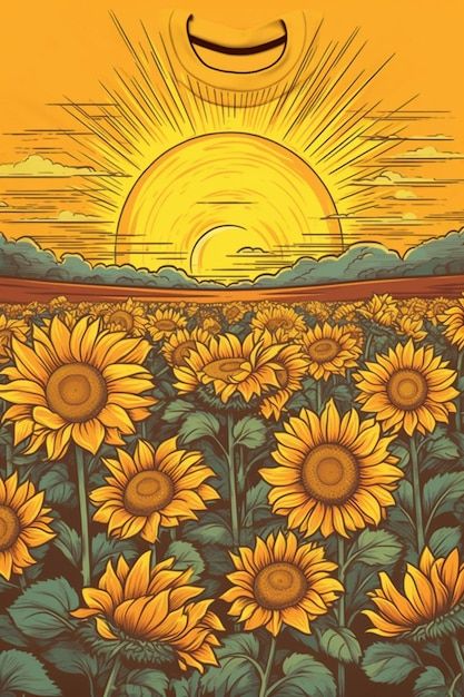 Sun And Sunflower Drawing, Field Of Sunflowers Drawing, Sunflower Art Ideas, Sunflower Field Illustration, Sun Flowers Drawing, Sunflower Field Drawing, Sunflower Drawing Aesthetic, Sun Flowers Aesthetic, Sun Aesthetic Art