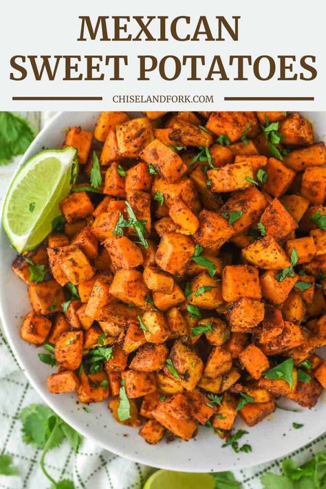 Mexican Baked Sweet Potato, Spicey Sweet Potatoes, Roasted Sweet Potatoes And Potatoes, Sweet Potato Mexican Recipes, Mexican Roasted Sweet Potatoes, Whole Sweet Potato Recipes, Sweet Potato Side Dish Healthy, Mexican Sweet Potato Recipes, Sweet Potatoes Side Dishes