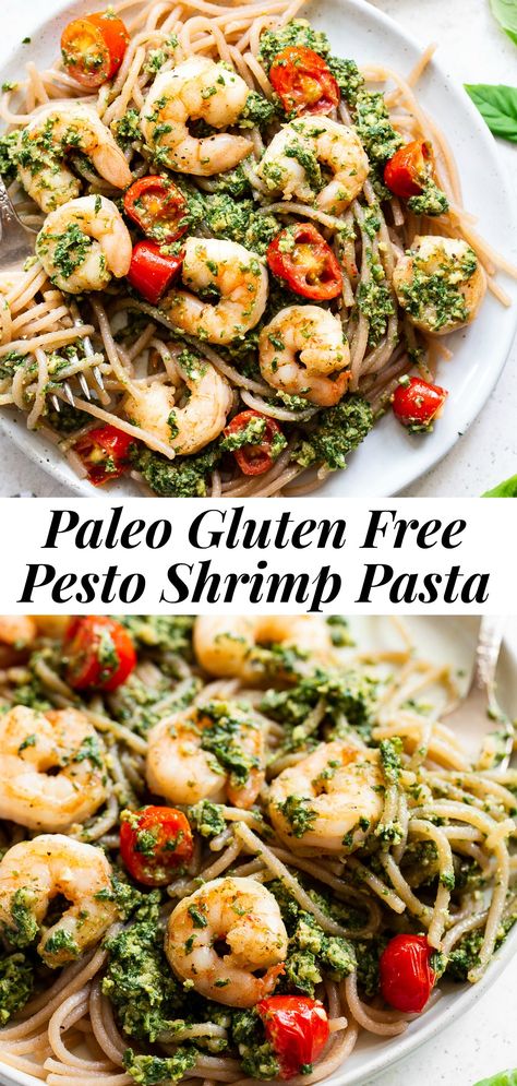 Shrimp Pesto Pasta {Paleo} | The Paleo Running Momma Cassava Pasta, Paleo Pasta Recipe, Paleo Pesto, Shrimp Pesto Pasta, Paleo Pasta, Gluten Free Pesto, Paleo Seafood Recipes, Baked Pesto Chicken, Pesto Shrimp