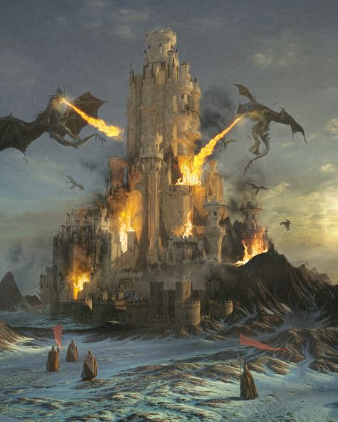 Dragon Castle Fantasy Art, House Of The Dragon Concept Art, Fantasy City, Fantasy Castle, Fantasy Setting, Fantasy Places, Dragon Artwork, Fantasy Art Landscapes, Fantasy Dragon