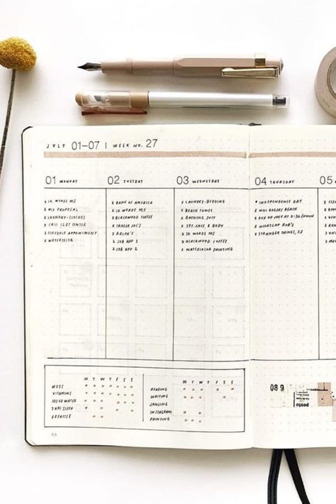 I love how clean and simple this weekly spread is! Check out the rest of the list for more July bujo inspiraiton! Bujo Simple Weekly Layout, Minimal Planner Layout, Minimalist Weekly Spread, Weekly Bujo Spread, Weekly Planner Aesthetic, Minimal Journal, Minimalist Bujo, July Bujo, Time Organization