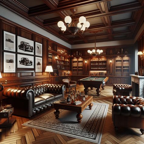 Experience timeless luxury in this opulent man cave, complete with vintage pool table, plush Chesterfield sofas, a well-stocked bar, and a cozy marble fireplace. Embrace nostalgia with classic car photos and the hum of a record player. #LuxuryManCave #VintageVibes #HomeDesign #InteriorInspo #ClassicLiving #LeatherSofaLovers Pool Table Lounge Room, Classic Basement Bar, Vintage Bar Table, Gentlemans Club Interior Design, Vintage Gentleman Room, Man Cave And Office Combo, Vintage Home Bar Ideas, Industrial Man Cave Ideas, Elegant Man Cave