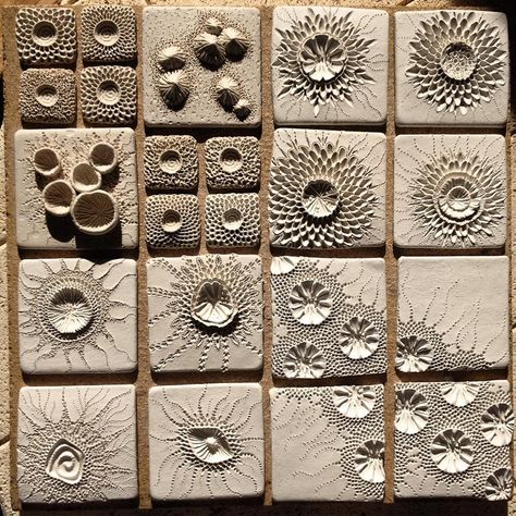 Clay Texture tiles-unknown artist Paperclay Ceramics, Nature Texture, Texture Ideas, Ceramic Tile Art, Stone Ceramic, Ceramic Texture, Cerámica Ideas, Handmade Ceramic Tiles, Unique Pottery