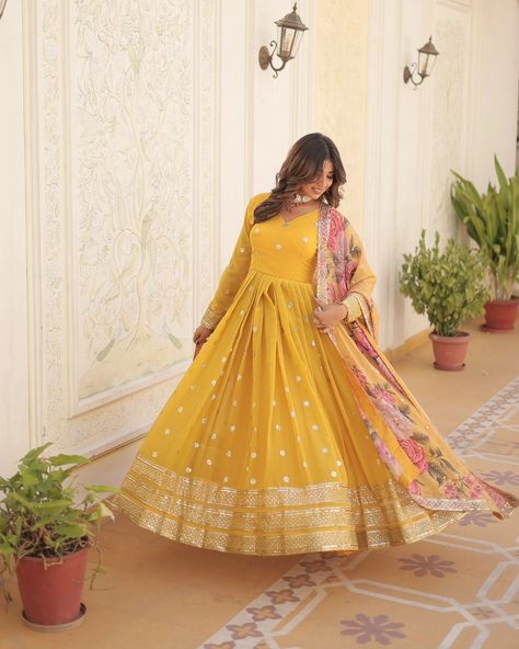 Namaste! ✨️ Brighten up any occasion with the Lashika Yellow Georgette Anarkali Gown Set. Perfect for festive celebrations, this stunning gown exudes elegance and charm. Shop now at www.trinaari.in and use code FIRST05 for an extra 5% off on your first order. Offer valid till 18th July! Product Name: Lashika Yellow Georgette Anarkali Gown Set To shop now visit our website www.trinaari.in #SundarNaariWithTrinaari #weddingwear #designersuit #weddinglehenga #designersuit #blousedesigns #indi... Yellow Georgette Anarkali, Haldi Outfits, Georgette Anarkali, Anarkali Gown, Wedding Lehenga, Stunning Gowns, Designer Suits, Wedding Wear, Ethnic Wear