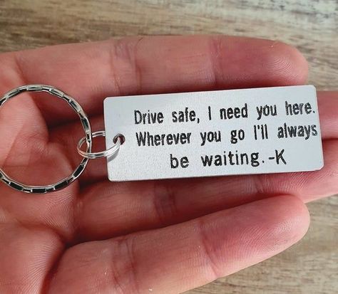 Drive safe, I need you here. Wherever you go, I'll always be wating. The engraved part measures approximately 5 cm X 2 cm. You can add your initial or a name after the heart with no extra charge; please type it in the Personalized box, before checking out.The keychain is machine engraved and it can be engraved on the back as well.It is packed on a card, and then in a plastic transparent bag. The keychains are made to order, our processing time is currently 2 days.The listing is for 1 keychain.✯💞#LoveStory #RomanticEncounters #HeartfeltConnections #DateNightIdeas #SoulmateSearch #FlirtyFridays #CandlelitDinners #StarryEyedMoments #LoveQuotes #DreamyDates #WhisperedPromises #AmourAdventures Drive Safe Quotes, Drive Safe Keychain, Couples Keychain, Romantic Ideas, Get A Boyfriend, Bf Gifts, Couples Keychains, Cute Couple Gifts