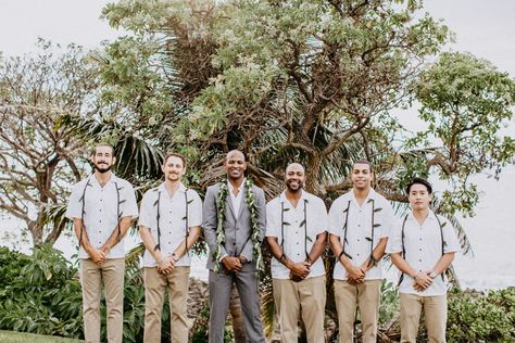 Tropical wedding • Hawaii Wedding • Oahu Wedding • Turtle Bay Resort • Tropical wedding florals • beach wedding  • hawaii wedding photography • sunset wedding • groomsmen • grey suit • hawaii groom Hawaii Groomsmen Attire, Tropical Wedding Groomsmen, Jacob Aesthetic, Tropical Wedding Florals, Beach Wedding Color Palette, Hawaiian Wedding Themes, Polynesian Wedding, Wedding Guest Men, Beach Wedding Suits