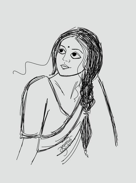 Indian Aesthetic Sketch, Indian Women Drawing Sketch, Bengali Art Sketch, Joyeeta Art, Desi Sketch, Bengali Drawing, Sketch Art Ideas, Saree Sketch, Woman In Saree