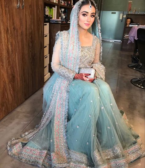 Light Blue Nikah Dress, Ice Blue Engagement Dress Pakistani, Ice Blue Dress Pakistani, Ice Blue Nikkah Dress, Sky Blue Bridal Dress Pakistani, Ice Blue Wedding Dress, Pakistani Dresses Party, Nikah Outfit, Bridal Mehndi Dresses