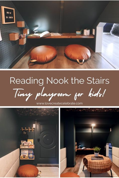 Want to make use of that space under the stairs? Learn how to create an under the stairs playroom for your kids! Amazing and affordable under the stairs ideas for creating a fun space that anyone would want to hang out in! These under the stairs tips can be applied to any kids space, dog house, storage space, and more if you're looking to redo those unused spaces! Love these simple DIY playroom ideas for girls or boys! #playroom #harrypotterroom Under Stairs Landing Storage, Under Steps Play Area, Under Stairs Ideas For Kids, Kids Under Stairs Play Areas, Under Stairs Nook Kids, Under Stairs Kids Space, Under The Stairs Kids Space, Playroom Under Stairs, Under The Stairs Playroom