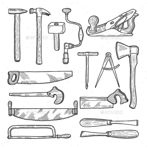 Tools in carpentry workshop. Vector hand drawn illustration. Set of tools for carpentry, equipment hammer and saw Hand Saw Drawing, Hand Saw Tattoo, Carpentry Tattoo, Woodworking Illustration, Hand Tools Drawing, Saw Illustration, Workshop Illustration, Saw Drawing, Tool Illustration