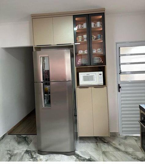 Crockery Unit With Microwave, Fridge Unit Design, Fridge Unit Kitchen Designs, Kitchen Crockery Unit Design, Kit Net, Crockery Cabinet Design, Pooja Door, Fridge Design, Fridge Cabinet