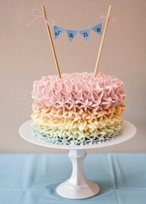 First Birthday Cake Decorating Ideas, Pastel Rainbow Birthday Theme, Simple Girl Birthday Cakes, Simple Girls Birthday Cake, Pastel First Birthday Cake, Cute Cakes For Girls Birthday, Simple Pastel Cake, Baby’s First Birthday Cake, Ombre Rainbow Cake