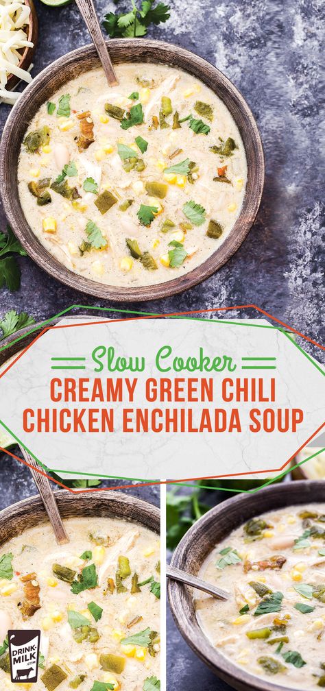 Slow Cooker Creamy Enchilada Soup Creamy Enchilada Soup, Green Chile Chicken Enchilada Soup, Chili's Chicken Enchilada Soup, Creamy Enchilada, Enchilada Soup Recipe, Green Chile Chicken, Chicken Enchilada Soup, Enchilada Soup, Green Chiles