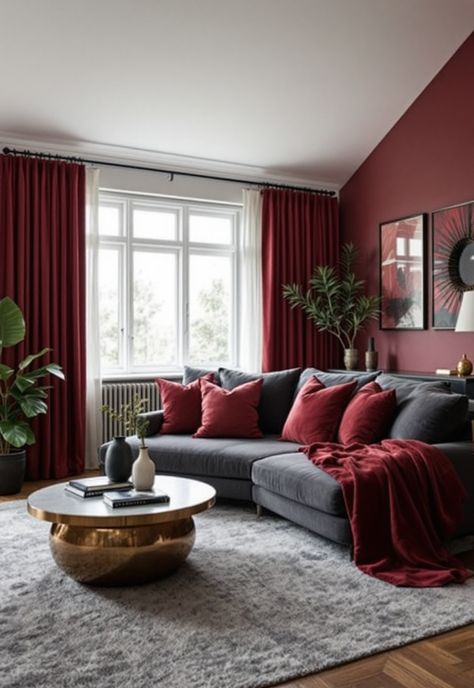 Dark Grey Couch Living Room Ideas Red Black And Grey Living Room Ideas, Burgundy Couch Living Room Ideas, Red Wall Living Room, Maroon Living Room Ideas, Burgundy Interior Design, Burgundy Couch Living Room, Cosy Grey Living Room, Grey And Red Living Room, Red Living Room Walls