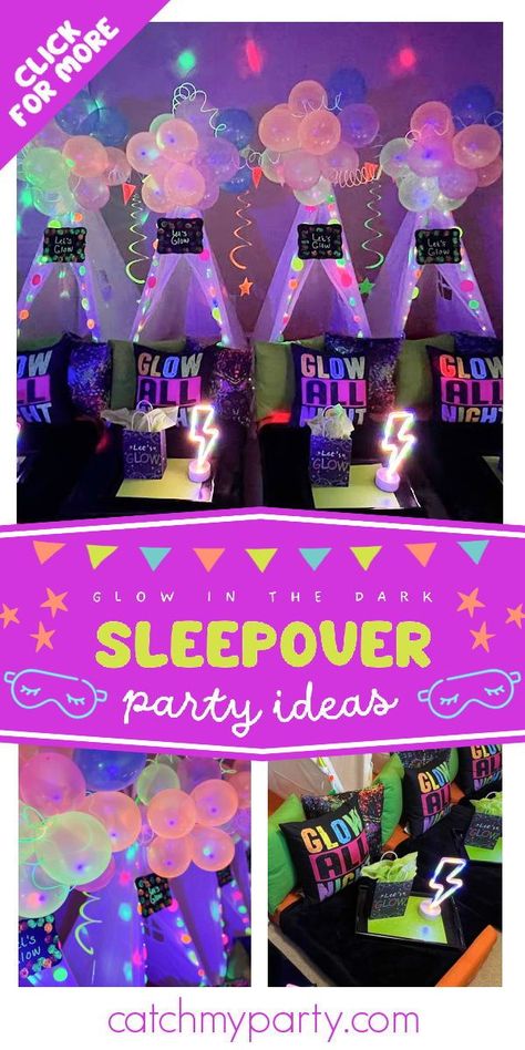 Don't miss this glow in the dark sleepover birthday party! The decor is so cool! See more party ideas and share yours at CatchMyParty.com Glow Slumber Party, Glow In The Dark Sleepover, Rosie Birthday, Neon Birthday Cakes, Sleepover Birthday Party, Dark Birthday, Teen Sleepover, Sleepover Birthday, Glow Birthday Party