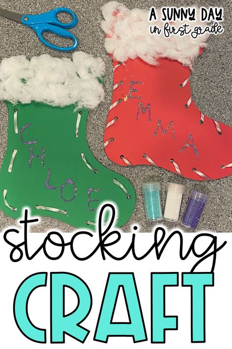 Christmas Crafts First Grade Classroom, Decorate A Stocking School Project, Kindergarten Crafts December, Stocking Activity Preschool, December Art For Preschool, Christmas Stockings Craft Preschool, Stocking Arts And Crafts For Kids, Class Christmas Activities, Elementary December Crafts