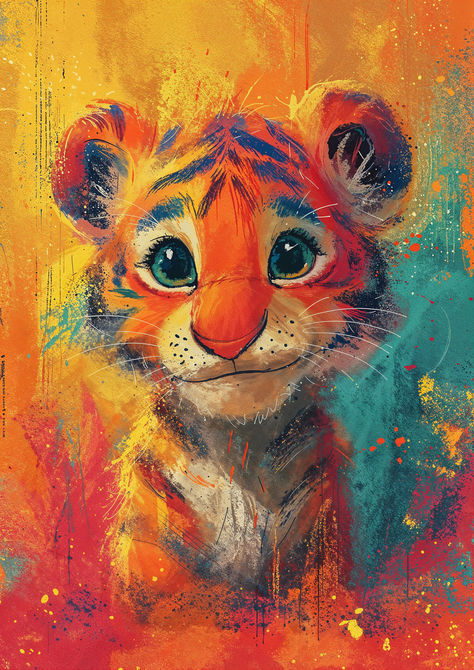 Captivate your senses with the vibrant energy of our watercolor tiger cub, painted in striking warm tones that reflect the fiery spirit of the wild. Tiger Abstract Art, Tiger Painting Abstract, Cute Donkey Drawing Art, Tiger Coloring, Colorful Animal Paintings, Watercolor Tiger, Animal Art Projects, Tiger Painting, Small Canvas Paintings