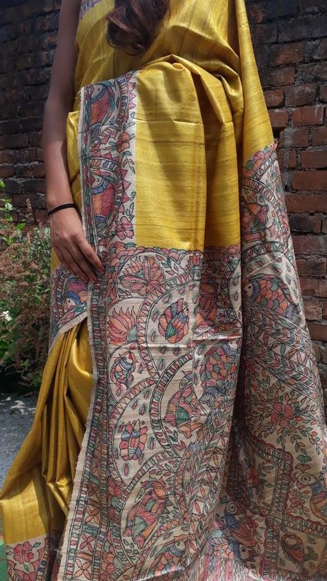 Yellow Beige Madhubani Handpaint Tussar Ghicha Silk Sarees Silk Moth, Painted Saree, Saree Painting Designs, Madhubani Paintings, Saree Painting, Kota Silk Saree, Fabric Work, Hand Painted Sarees, Madhubani Art