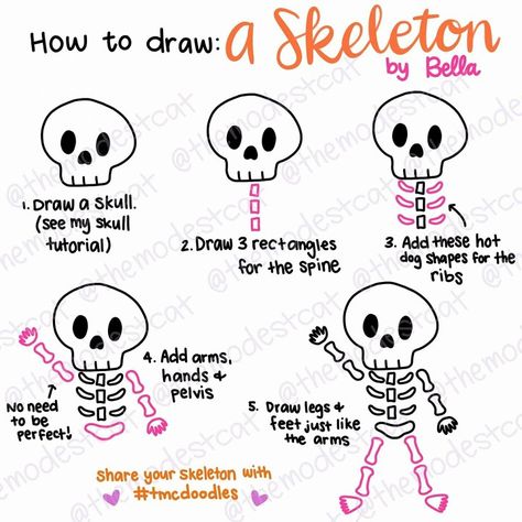 Skeleton Pumpkin Skeleton Drawing, Cute Skeleton Doodle, Halloween Doodles Step By Step, Skeleton Doodle, Cute Doodle Ideas, Doodles Step By Step, Halloween Bullet Journal, Fall Doodles, Space Doodles