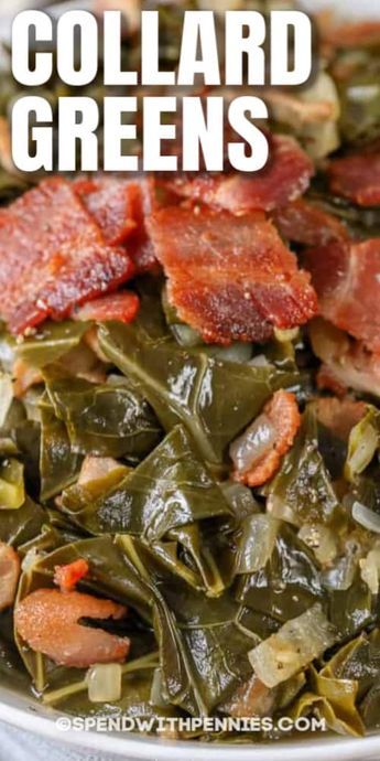 Collard greens with bacon are a delicious side dish that we love making with fried chicken. This collard greens recipe is easy, and makes the perfect comfort food! #spendwithpennies #greens #collardgreens #collard #friedcollardgreens #baconandcollardgreens #collardgreensandbacon Easy Collard Greens Recipe, Greens Recipe Soul Food, Collard Greens With Bacon, Southern Thanksgiving Recipes, Southern Collard Greens, Collard Greens Recipe, Barbecue Side Dishes, Southern Recipes Soul Food, Turnip Greens