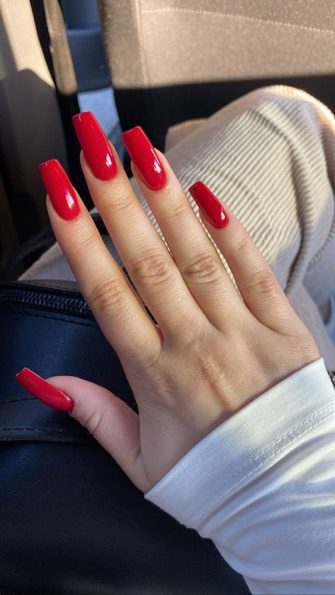 Red Acrylic Nails - Gist94 Red Long Nails Square, Red Nails Acrylic Design Long, Red Nails Square Long, All Red Nails Acrylic, Red Gel Nails Long, Pretty Red Nails Acrylic, Long Red Nail Ideas, Red Gel X Nails, Red Trendy Nails